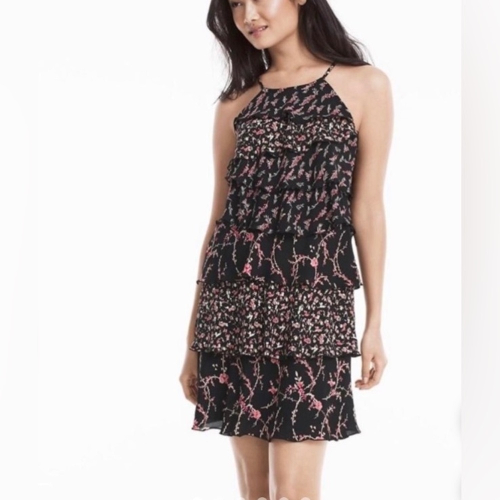 WHBM Dress Black Floral Tiered Ruffle Halter Tie Party Size 8